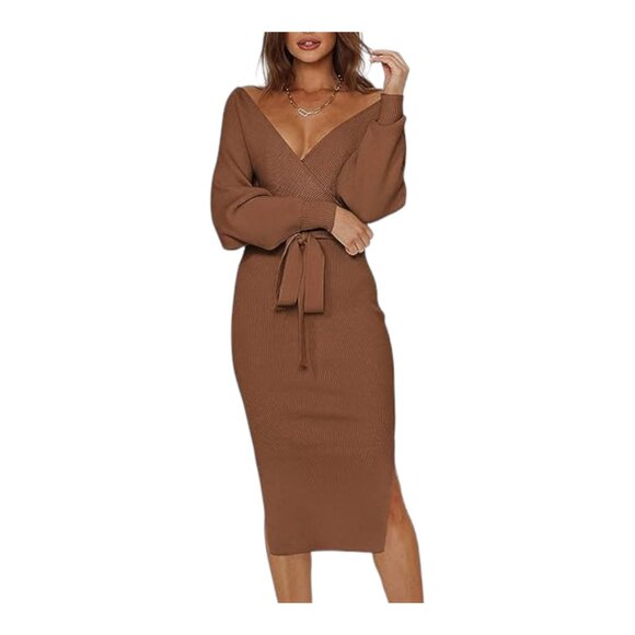 NEW Pink Queen Women's V Neck Maxi Knit Dress with Belt Color Brown Size M - Picture 3 of 8